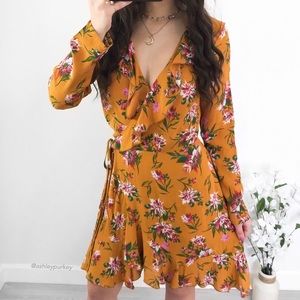 ❤️SALE❤️ Mustard pink floral wrap ruffle dress